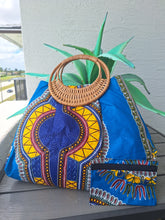 Load image into Gallery viewer, Wicker Handle Dashiki Print Bag - Blue