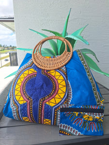 Wicker Handle Dashiki Print Bag - Blue