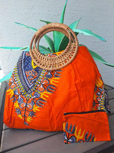 Wicker Handle Dashiki Print Bag - Orange