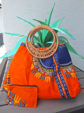 Wicker Handle Dashiki Print Bag - Orange