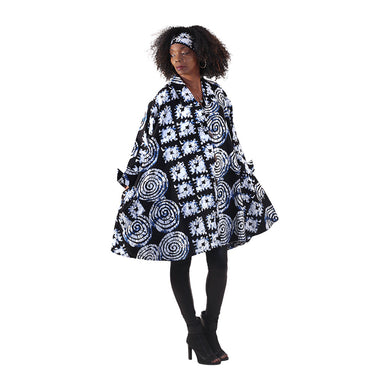 Navy/White Spiral Print Long-Sleeve Button Poncho