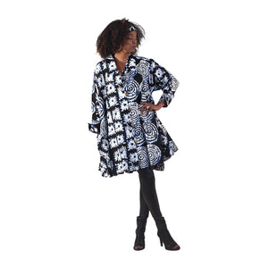 Navy/White Spiral Print Long-Sleeve Button Poncho