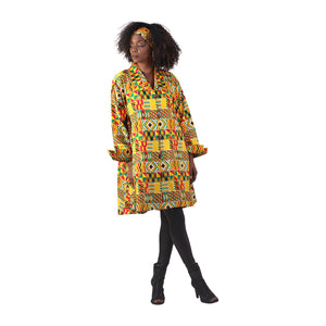 Kente Print Long-Sleeve Button Poncho