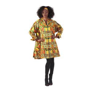 Kente Print Long-Sleeve Button Poncho