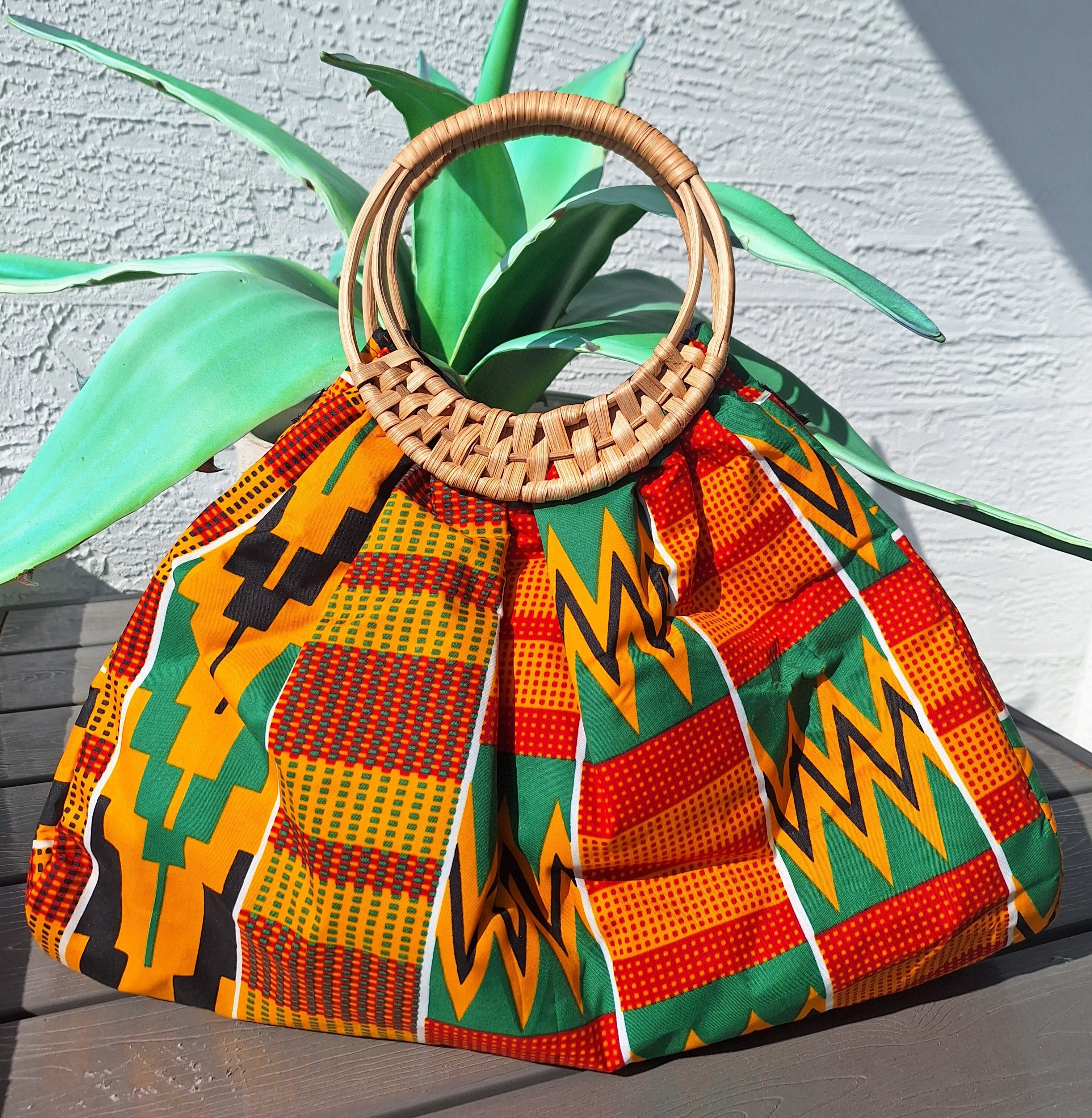 African Kente Fabric Rattan Round Handle order Bag